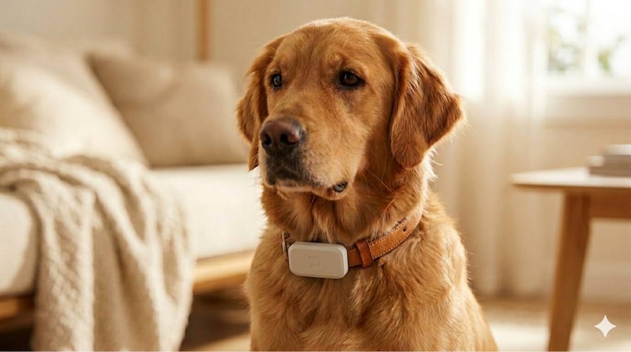 Golden retriever wearing a Nuzzo GPS tag on its collar