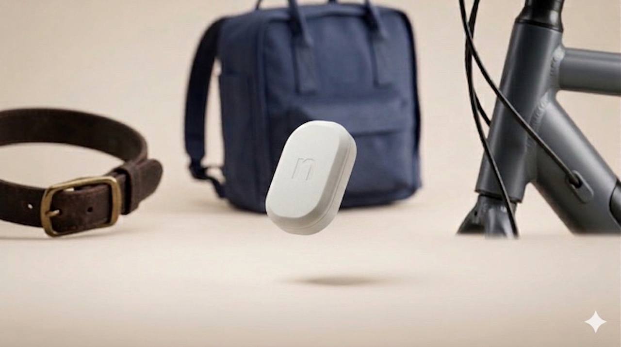 Nuzzo GPS tag with collar, bag, and bike